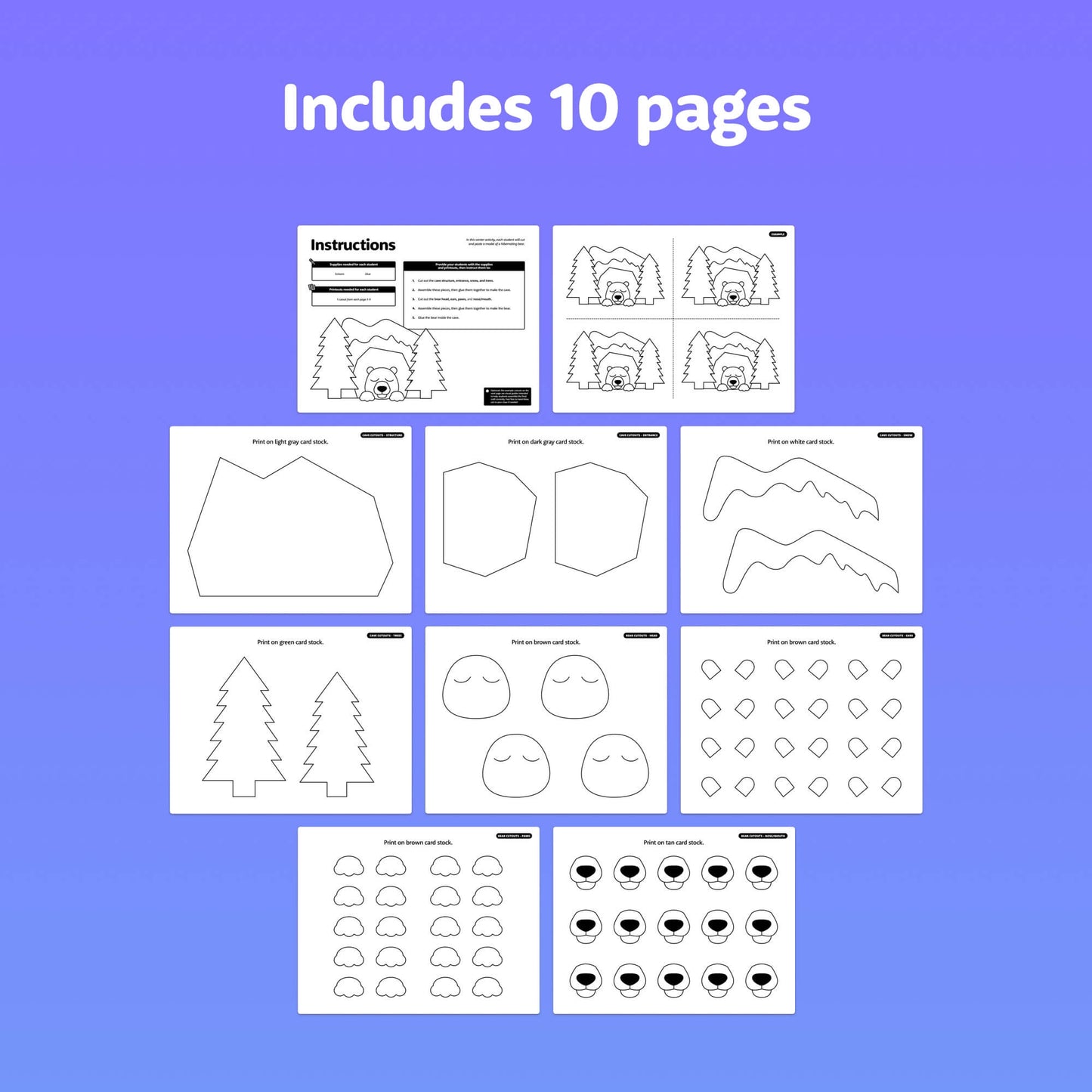 Bear-themed winter hibernation paper craft templates and instructions.