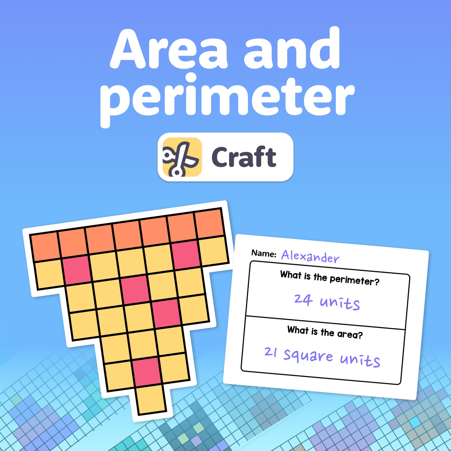 Pixelated shapes and worksheet questions about area and perimeter are shown.