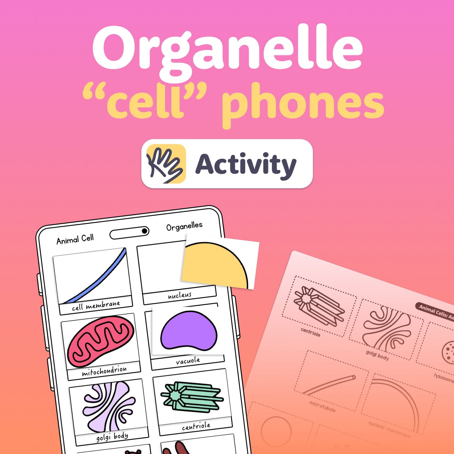 Organelle icons and a cut-and-paste worksheet are shown.