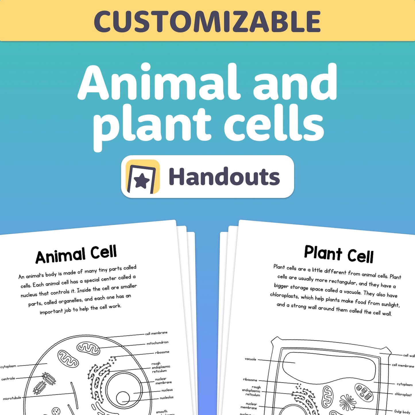 Animal and plant cell diagrams with labels for parts, shown on handout pages.