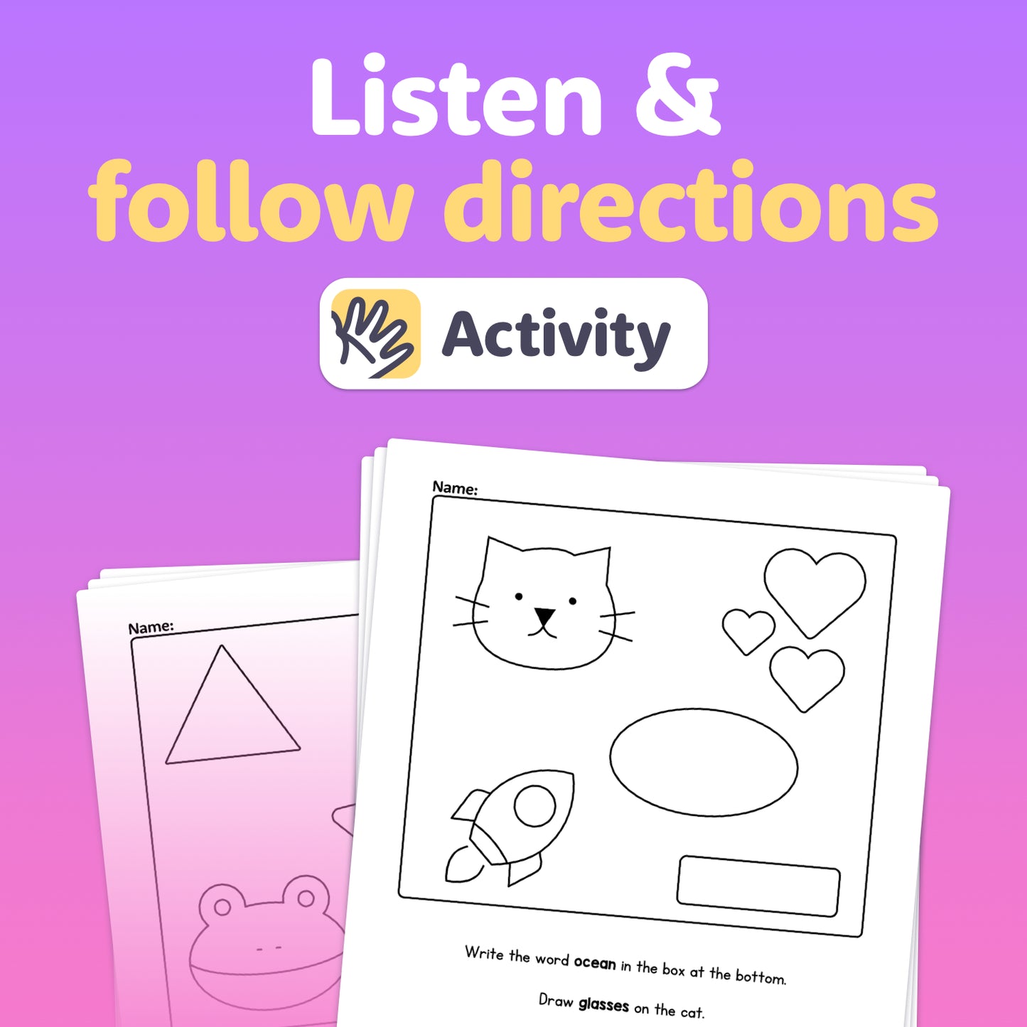 Printable worksheets with illustrated activities and instructional text shown.