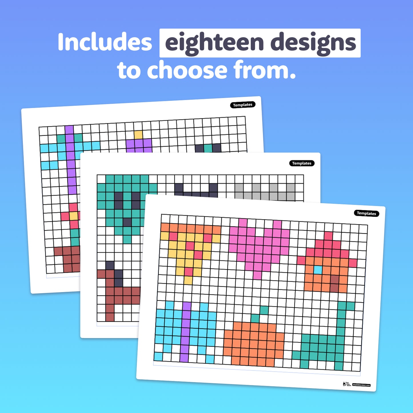 Three pixel art worksheet templates with grids are displayed side by side.