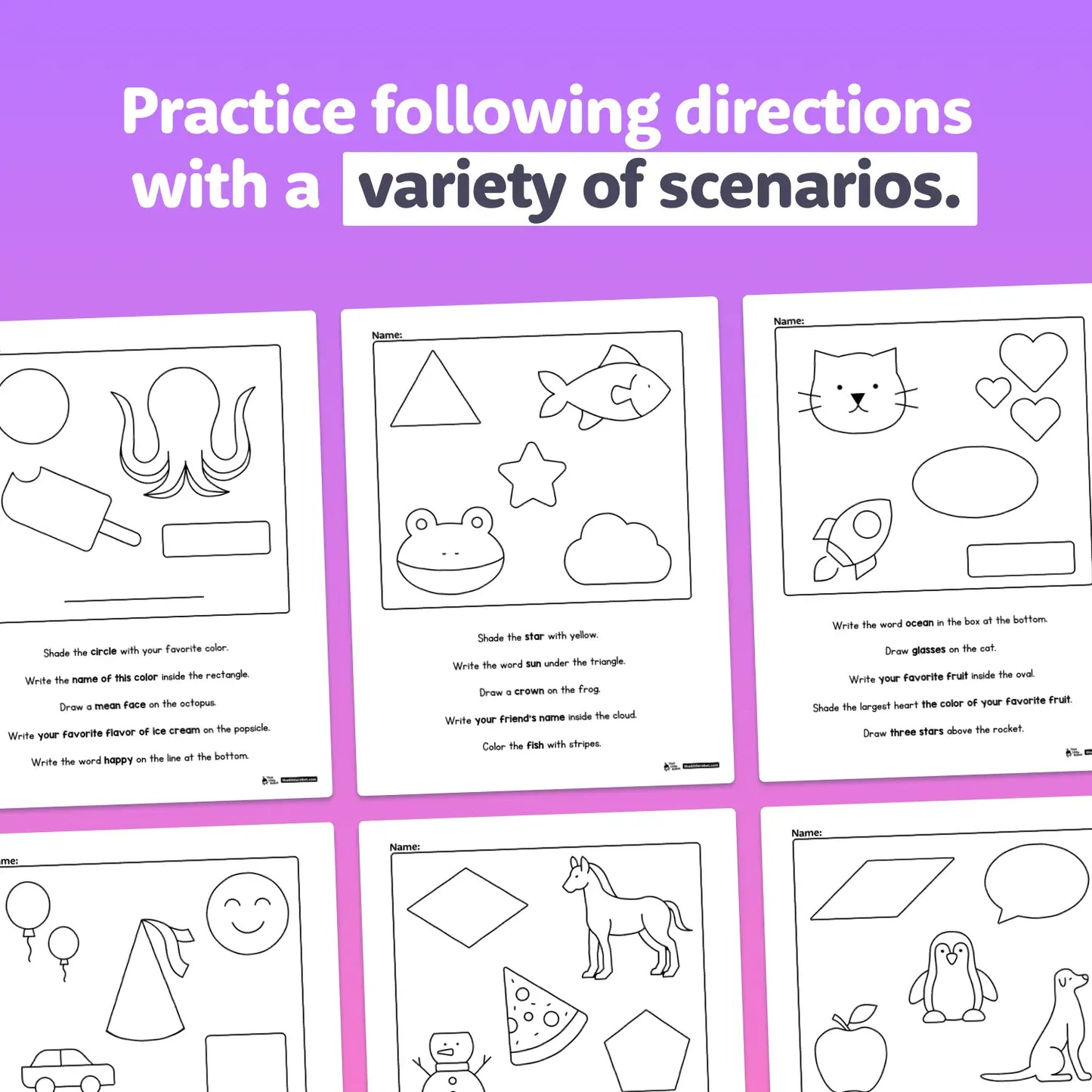 Six printable activity sheets with directions for children are displayed.