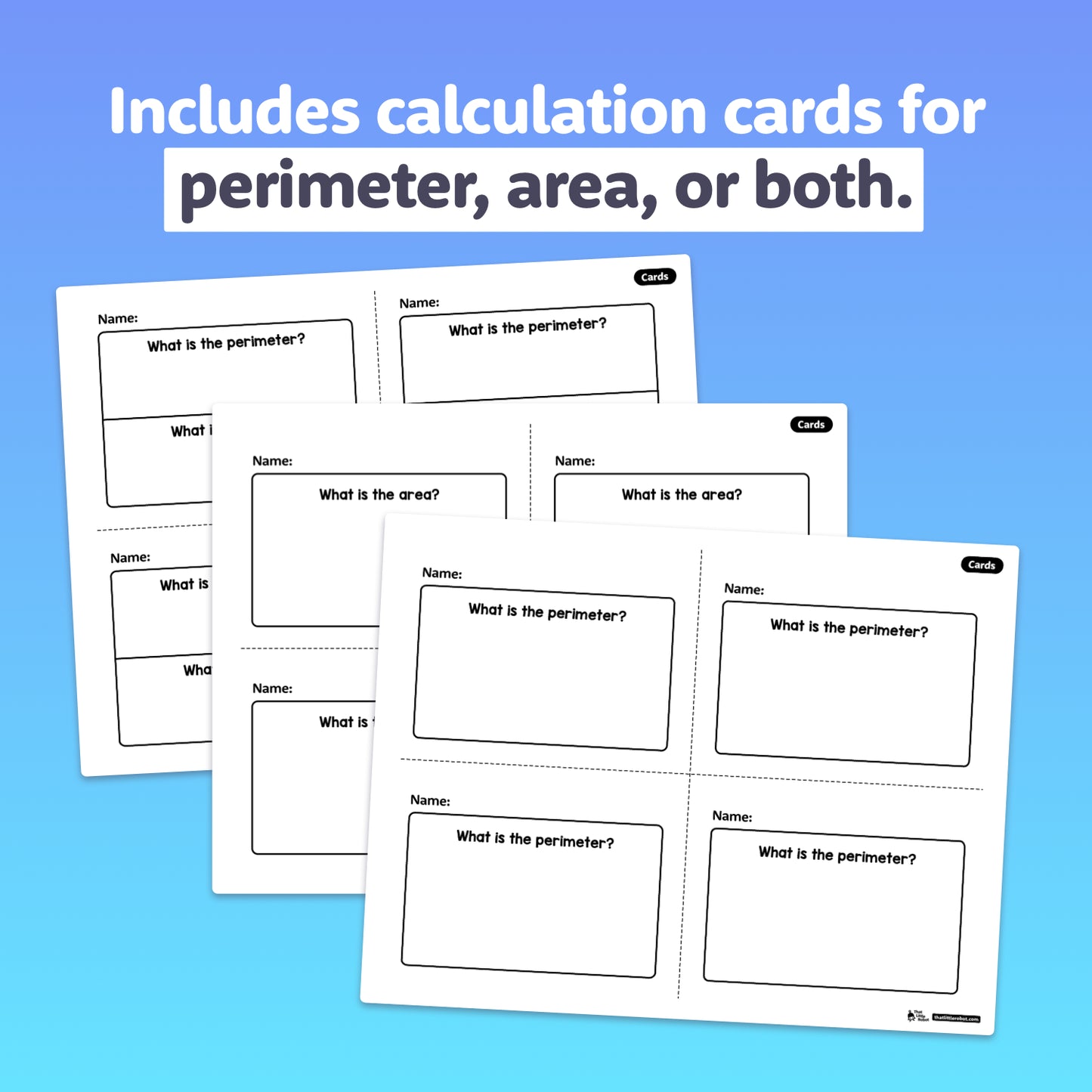 Printable math craft cards showing shapes with area and perimeter numbers.