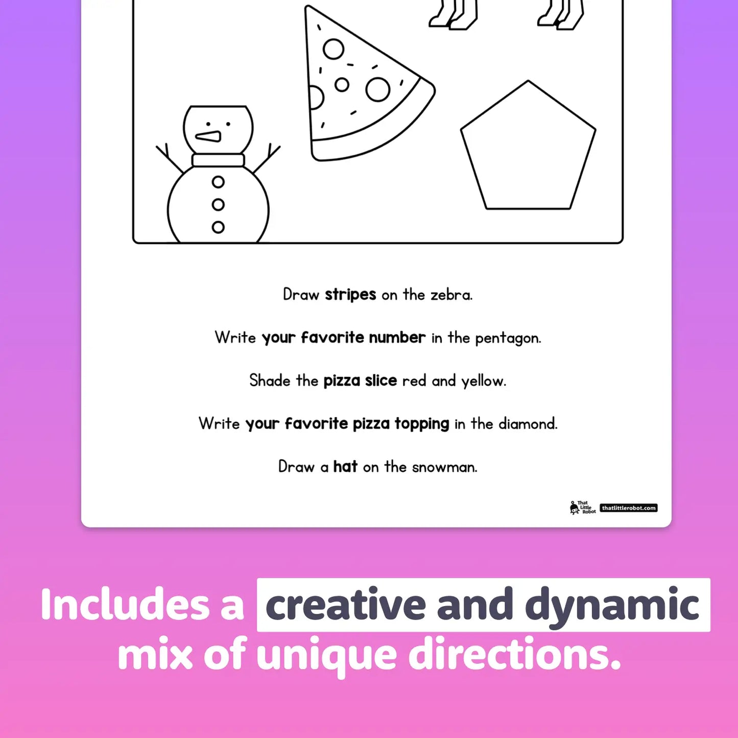 Shapes, a snowman, and a zebra are shown as part of an activity worksheet.