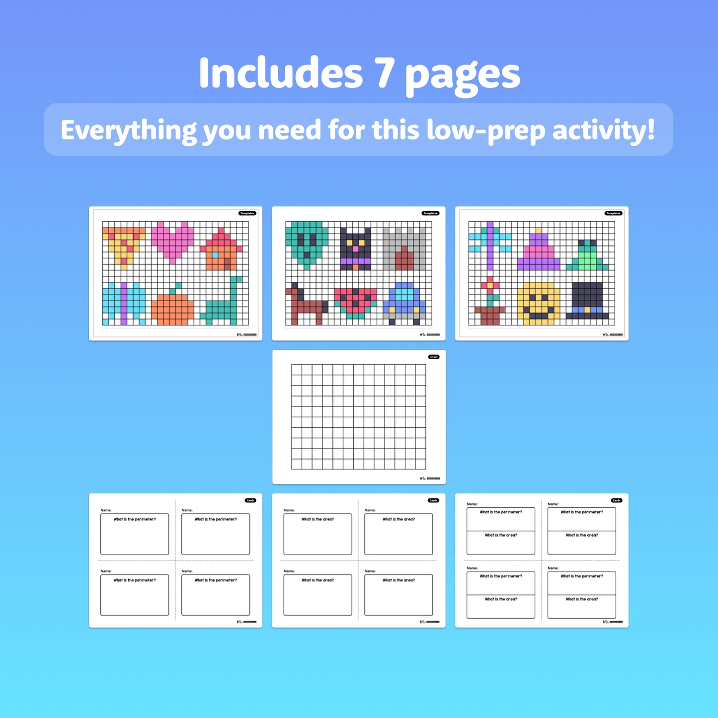 Seven worksheet pages displaying area and perimeter craft activities.