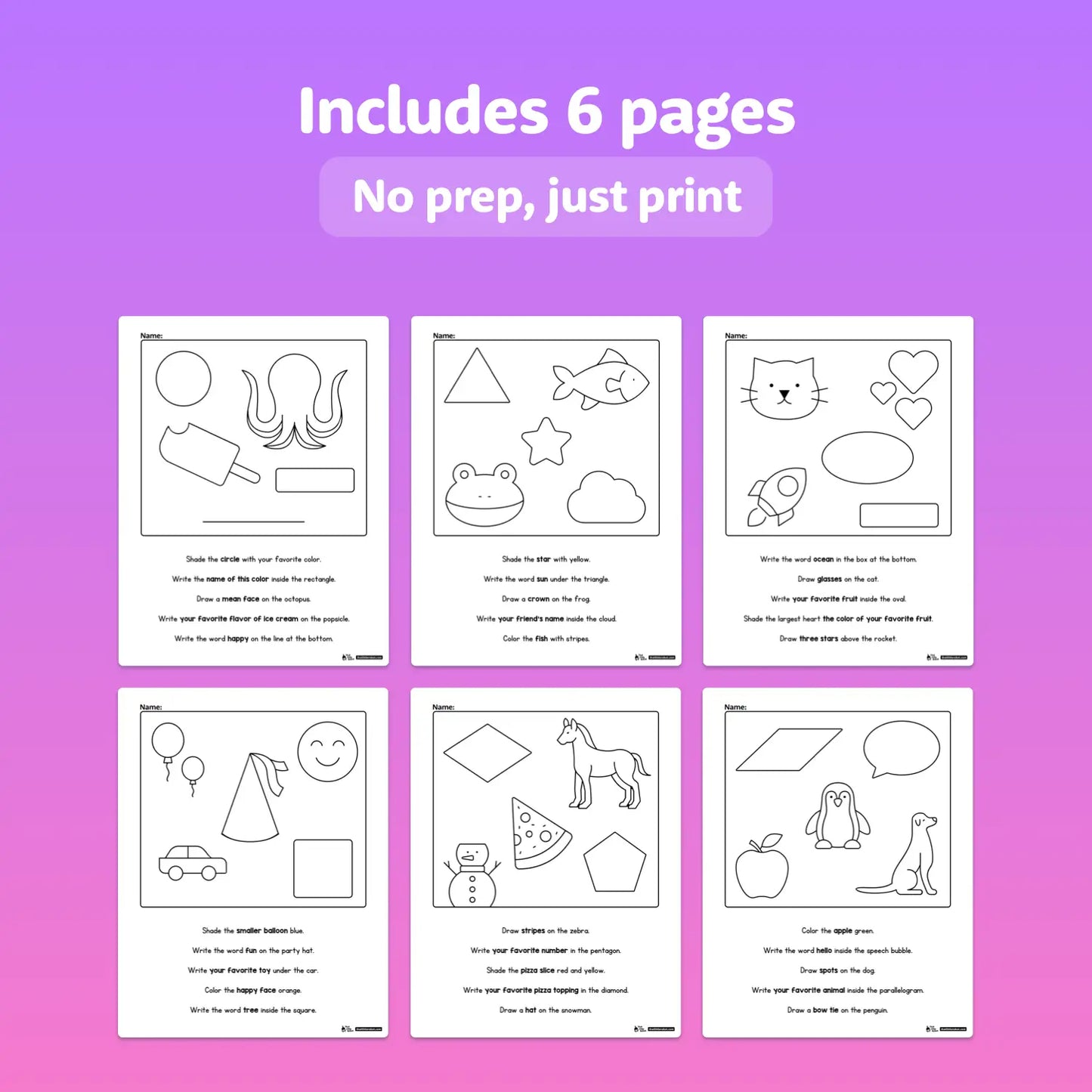 Six worksheets showing simple shapes and animals for following directions.