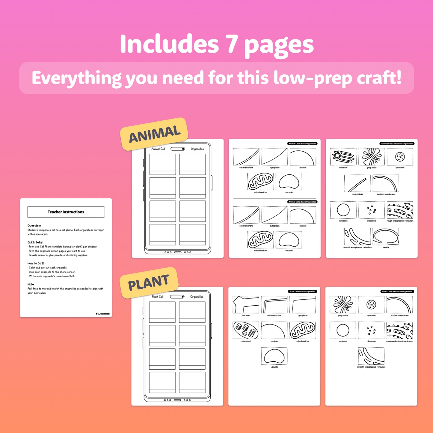 Preview showing all seven pages of an organelle-themed cell worksheet activity.