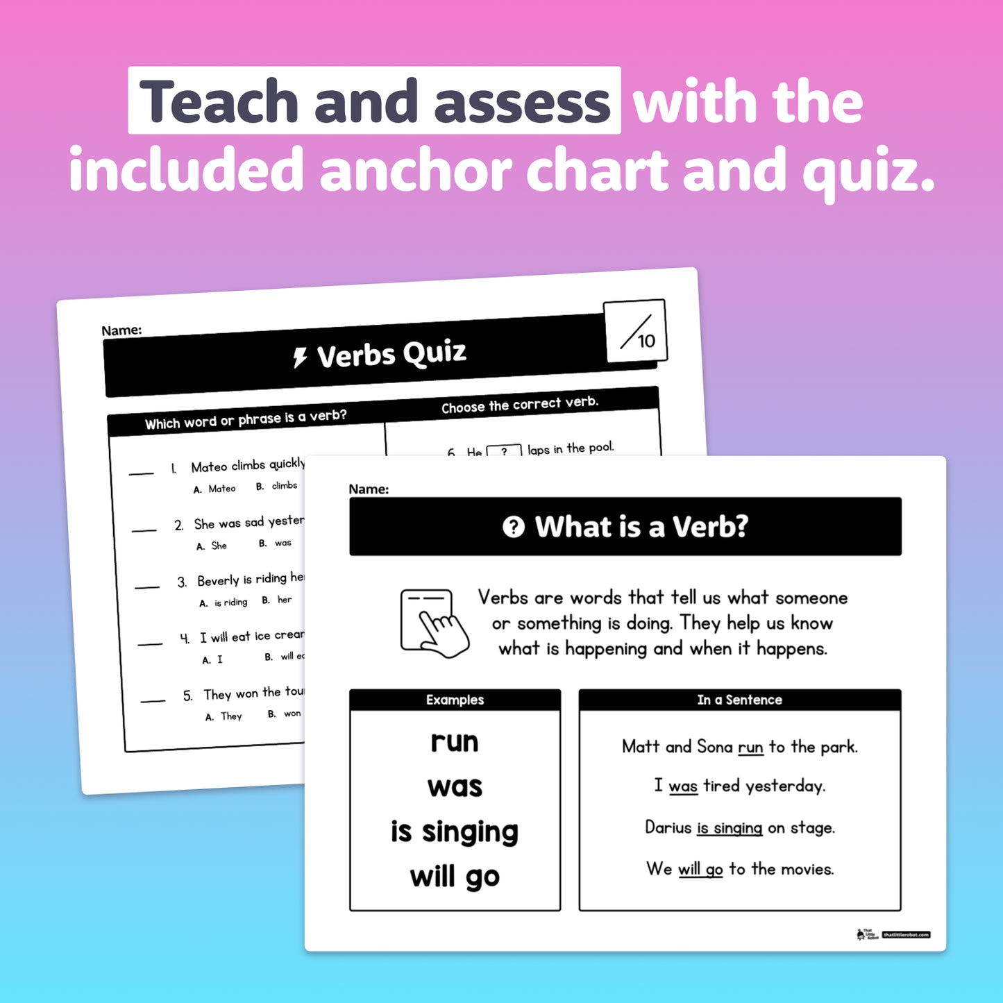 Educational materials including a verbs quiz and an anchor chart on a gradient background