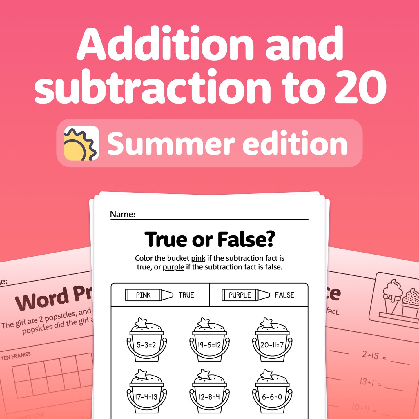 Addition and subtraction worksheets for numbers up to 20.