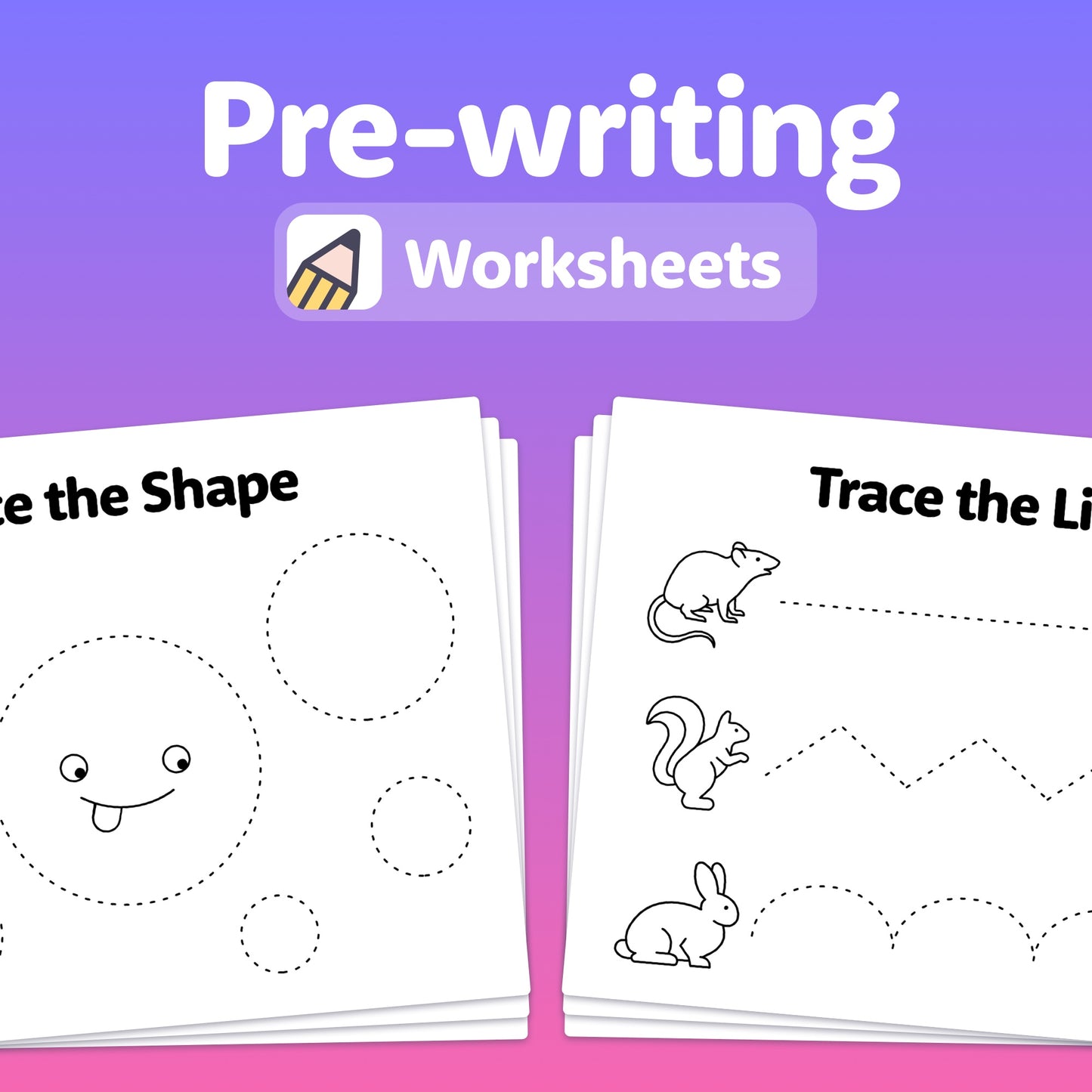 Pre-writing worksheets with shape and line tracing activities for kids.