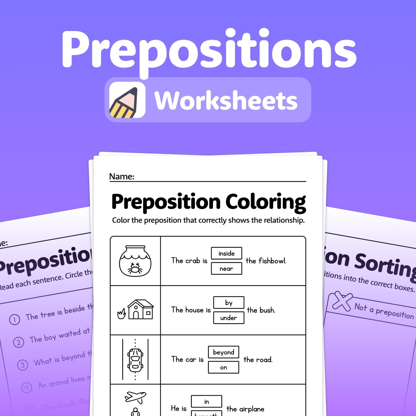 Printable prepositions worksheets with various exercises for children.