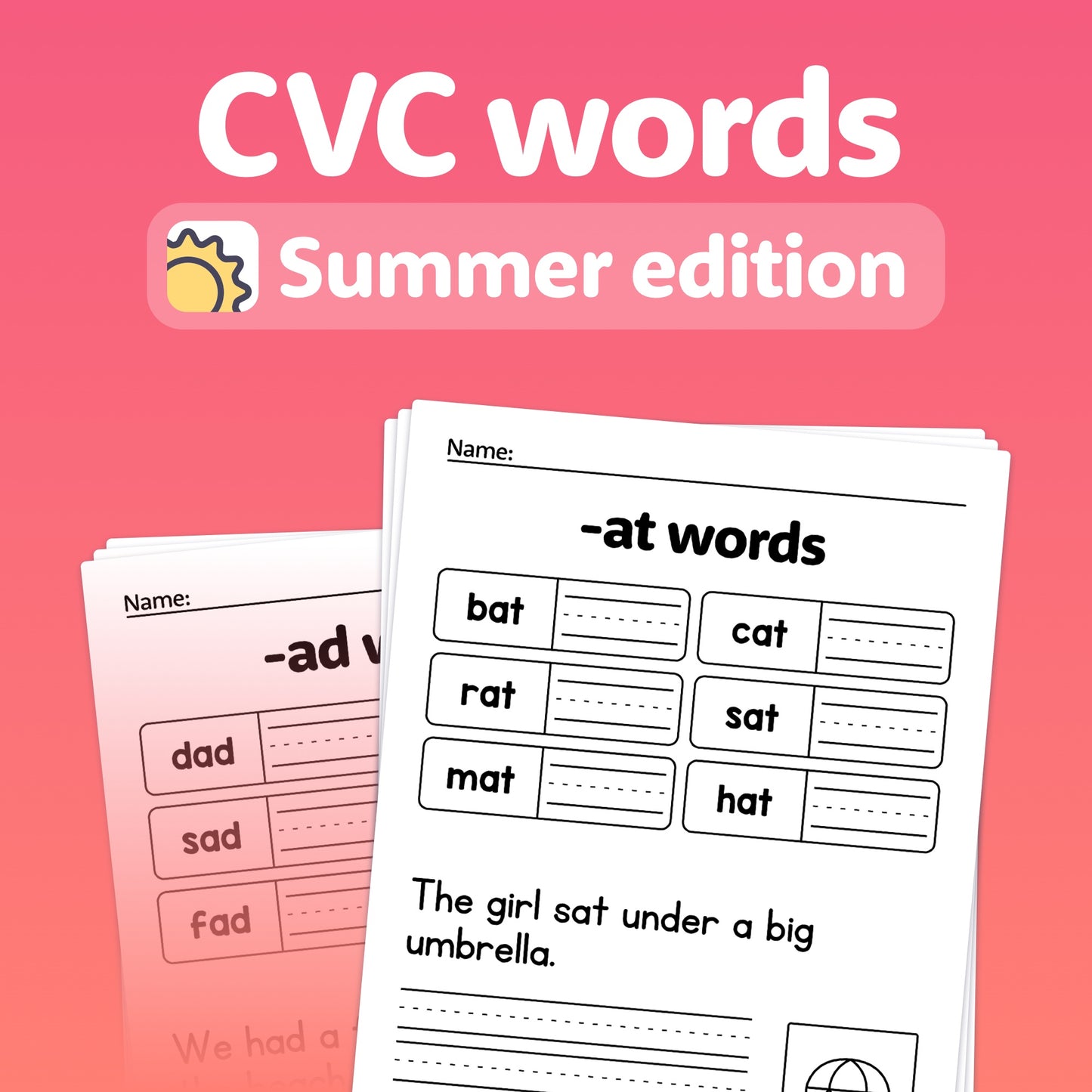 Pair of CVC words worksheets with "Summer CVC Words Worksheets" title above them.