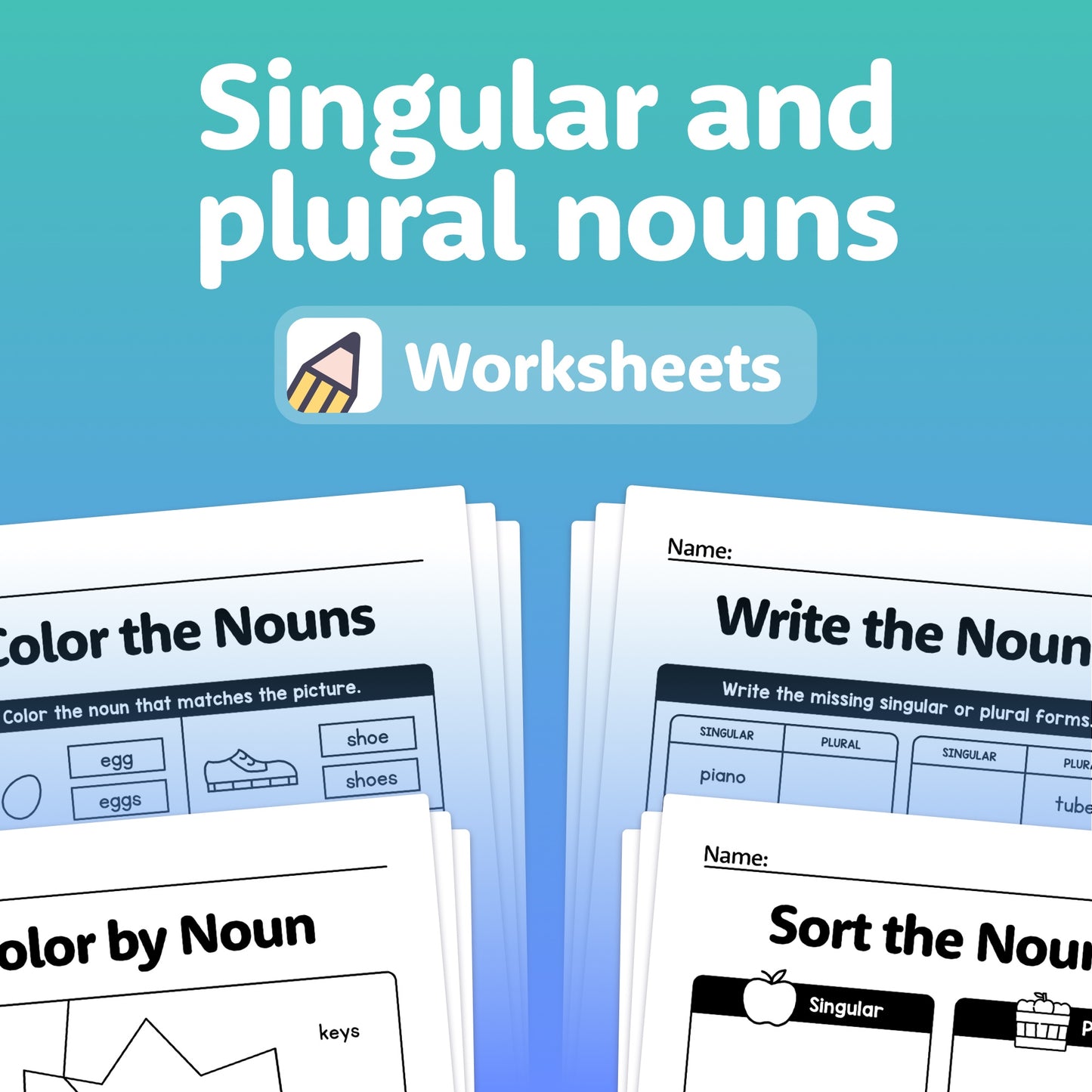 Singular and Plural Nouns Worksheets" with various activities are displayed.