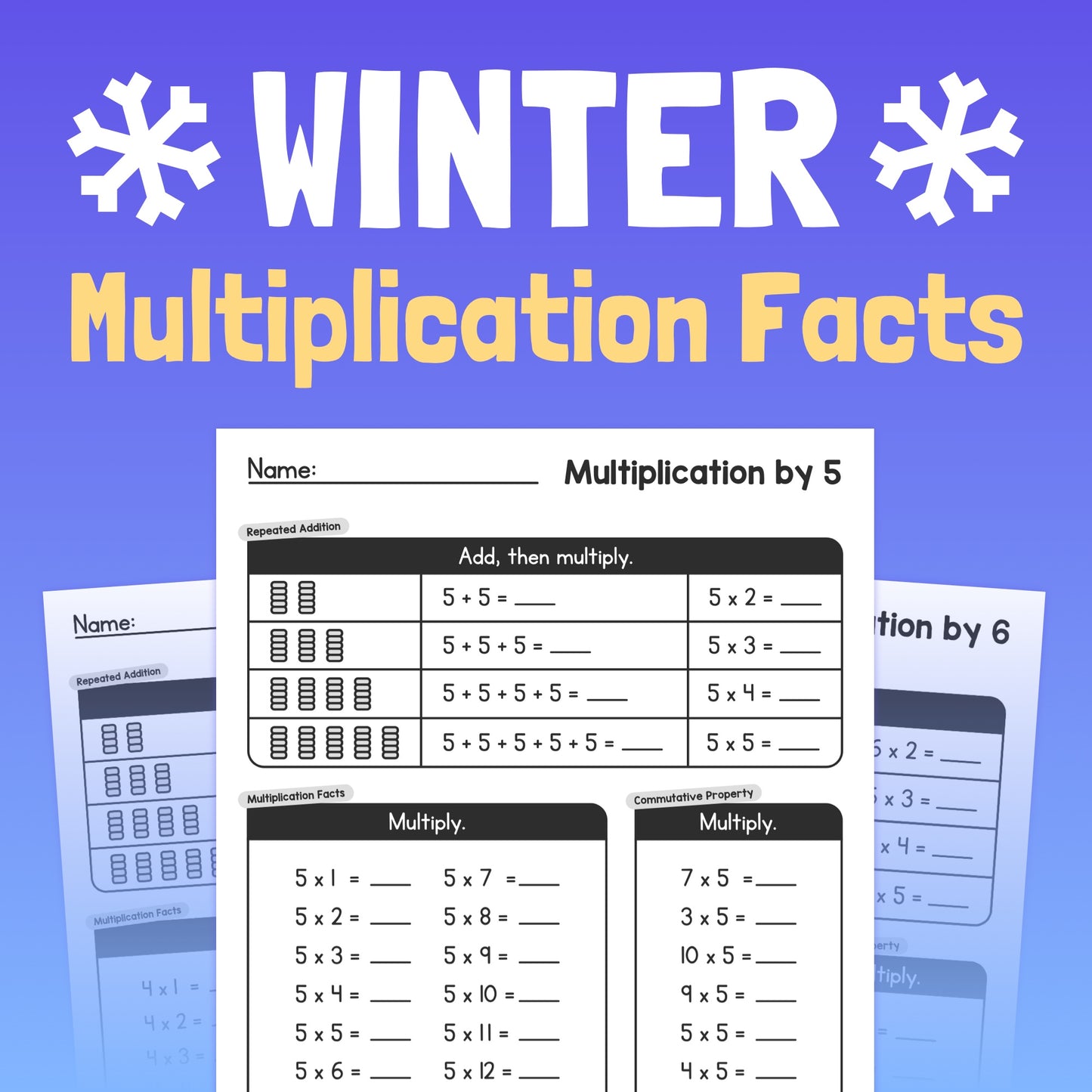 Printable PDF worksheets for teaching winter-themed multiplication facts.