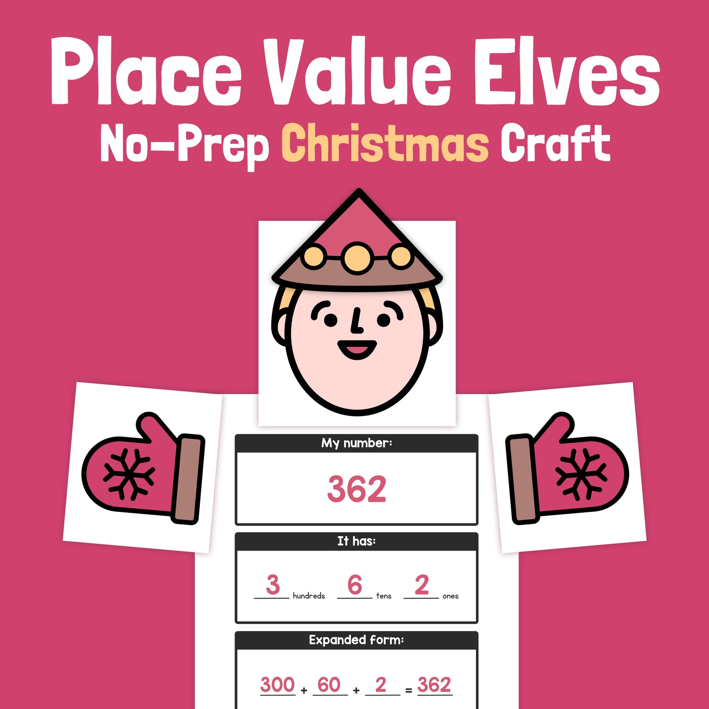 Place value craft displaying the number 362 and its components.
