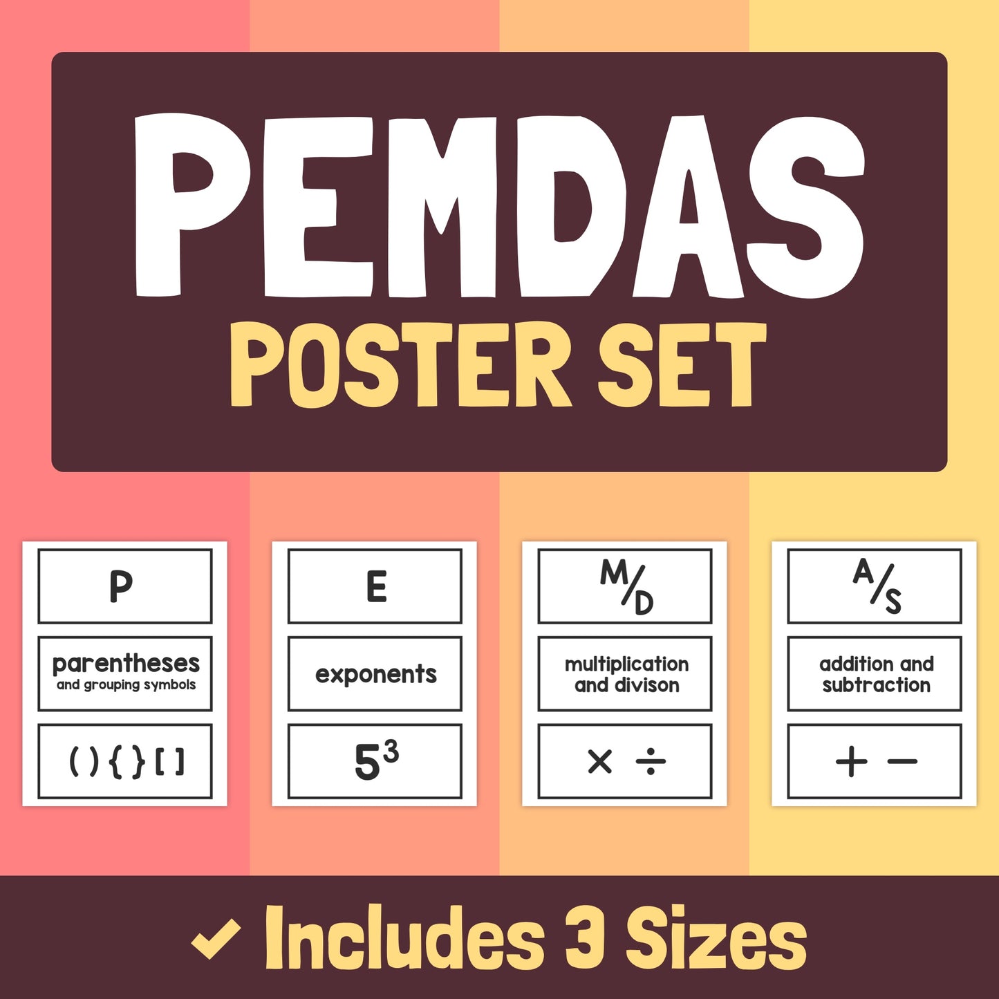 PEMDAS posters illustrating the order of operations in distinct boxes.