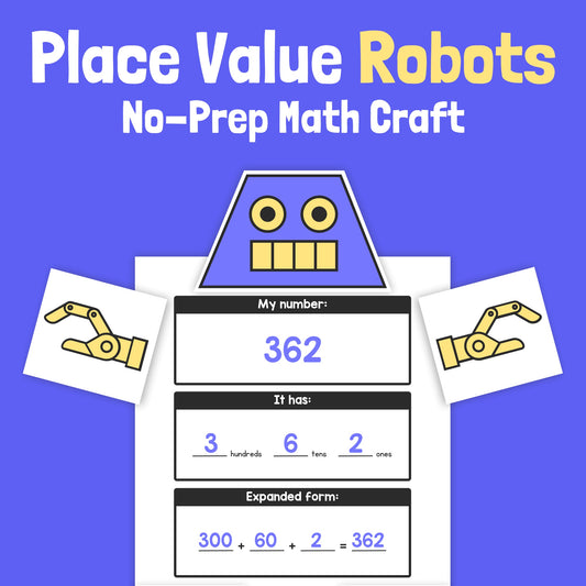 Robot craft with the number 362 shown in different forms for a math activity.