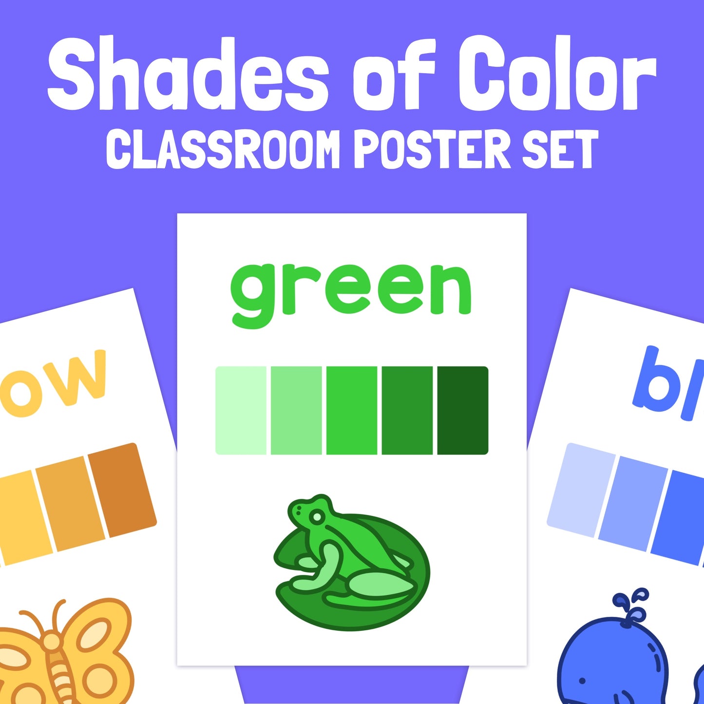 Posters depicting various shades of green, yellow, and blue with illustrations.