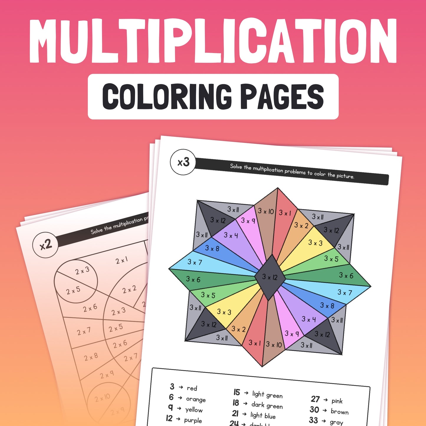 Multiplication worksheets with math problems and coloring sections.