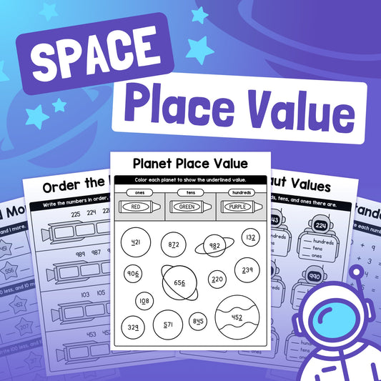 Space Place Value Worksheets with an astronaut illustration.