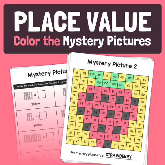 Worksheet titled 'Place Value Mystery Picture Worksheets' with a strawberry design.
