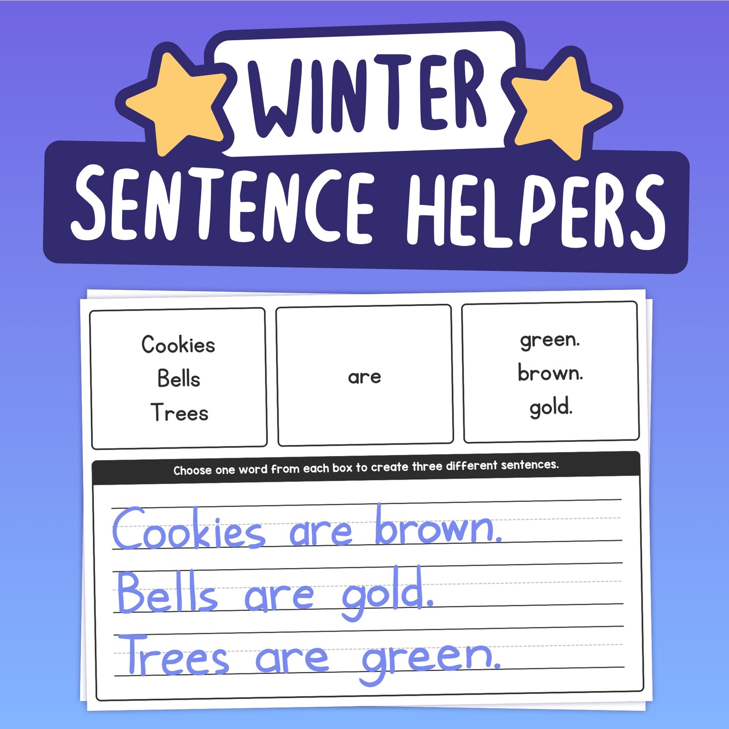 Educational worksheets with words and sentences on cards for winter themed activities.
