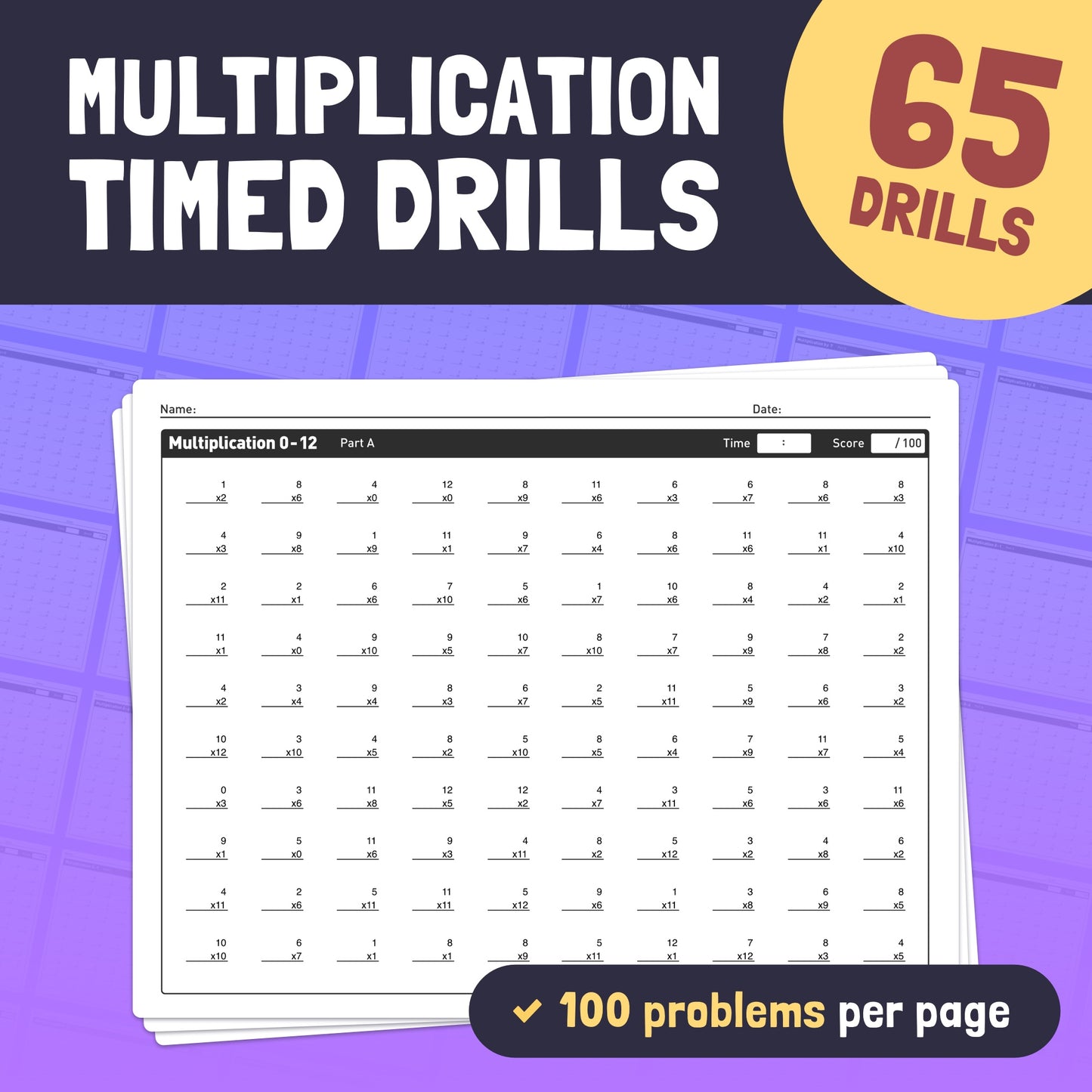 A stack of worksheets with 100 multiplication problems per page.