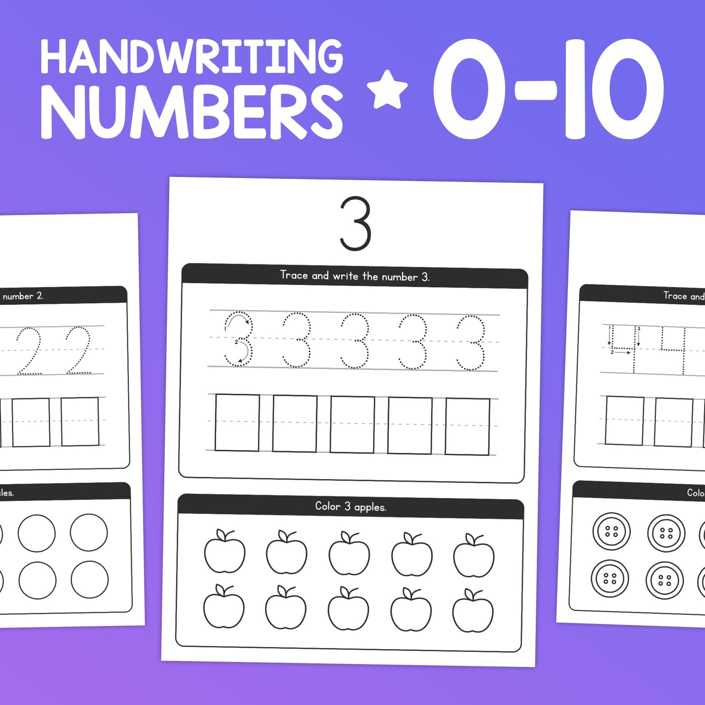 Worksheets for tracing and counting numbers 0-10 with apples and buttons.