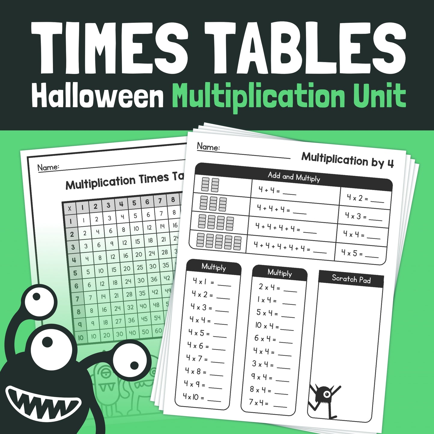 Halloween-themed times tables worksheets with monster illustrations.