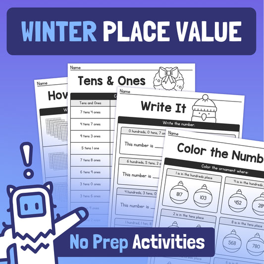 Winter-themed place value worksheets with a cartoon yeti, labeled "No Prep Activities.