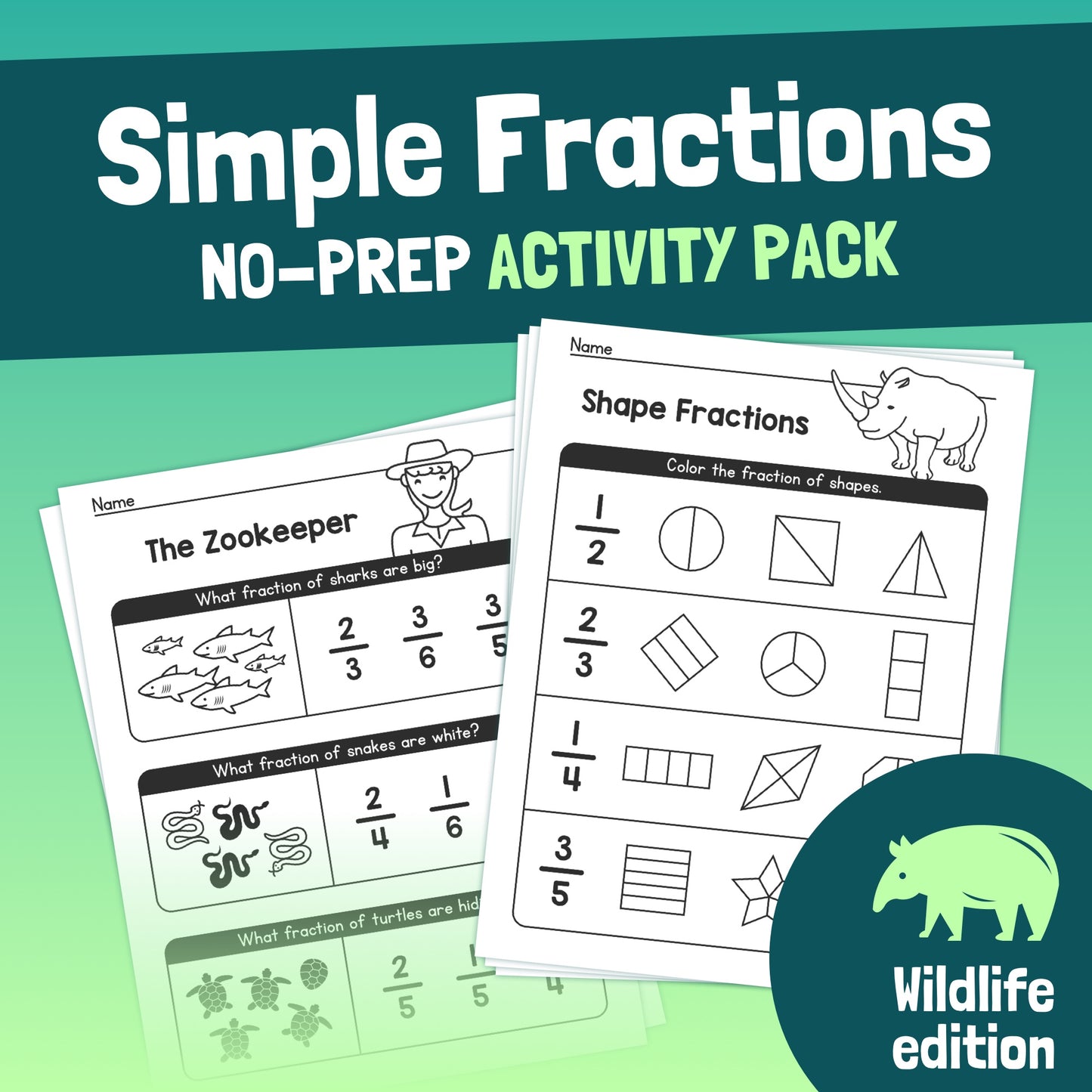 Worksheets with animal-themed fraction activities and shapes. Wildlife edition.