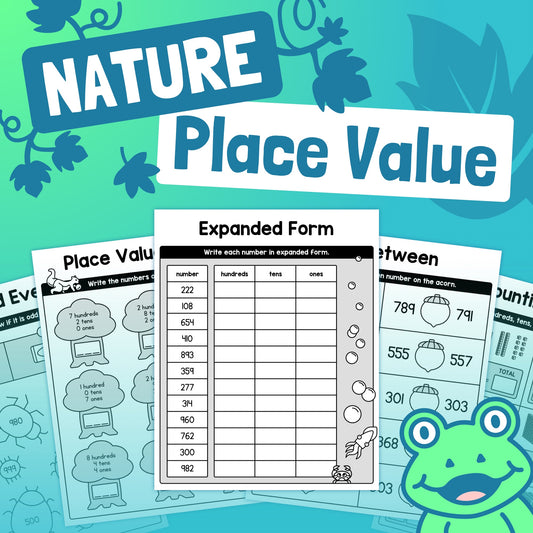 Nature-themed worksheets with place value activities and a frog illustration.