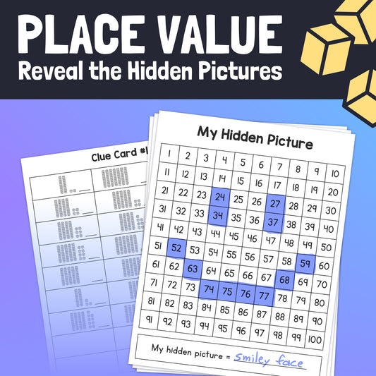 Two Place Value Hidden Picture Worksheets and a place value exercises clue card.