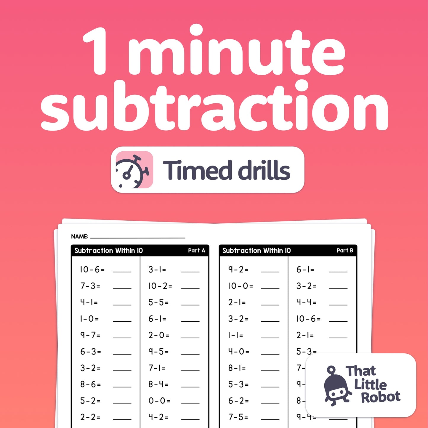Worksheet titled "Minute Subtraction Drills" with the subtitle "Timed Drills.