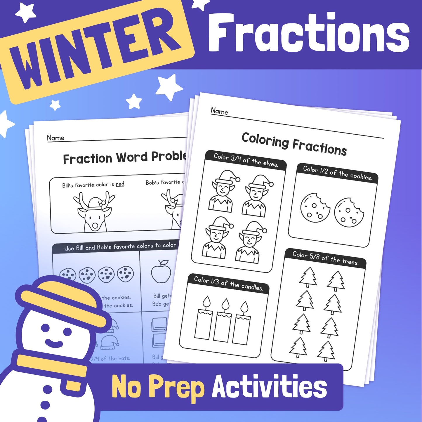 Winter-themed fraction worksheets with coloring tasks and word problems.