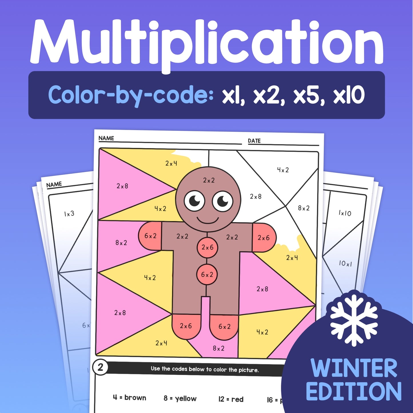 Winter color-by-code multiplication worksheets with a gingerbread man.