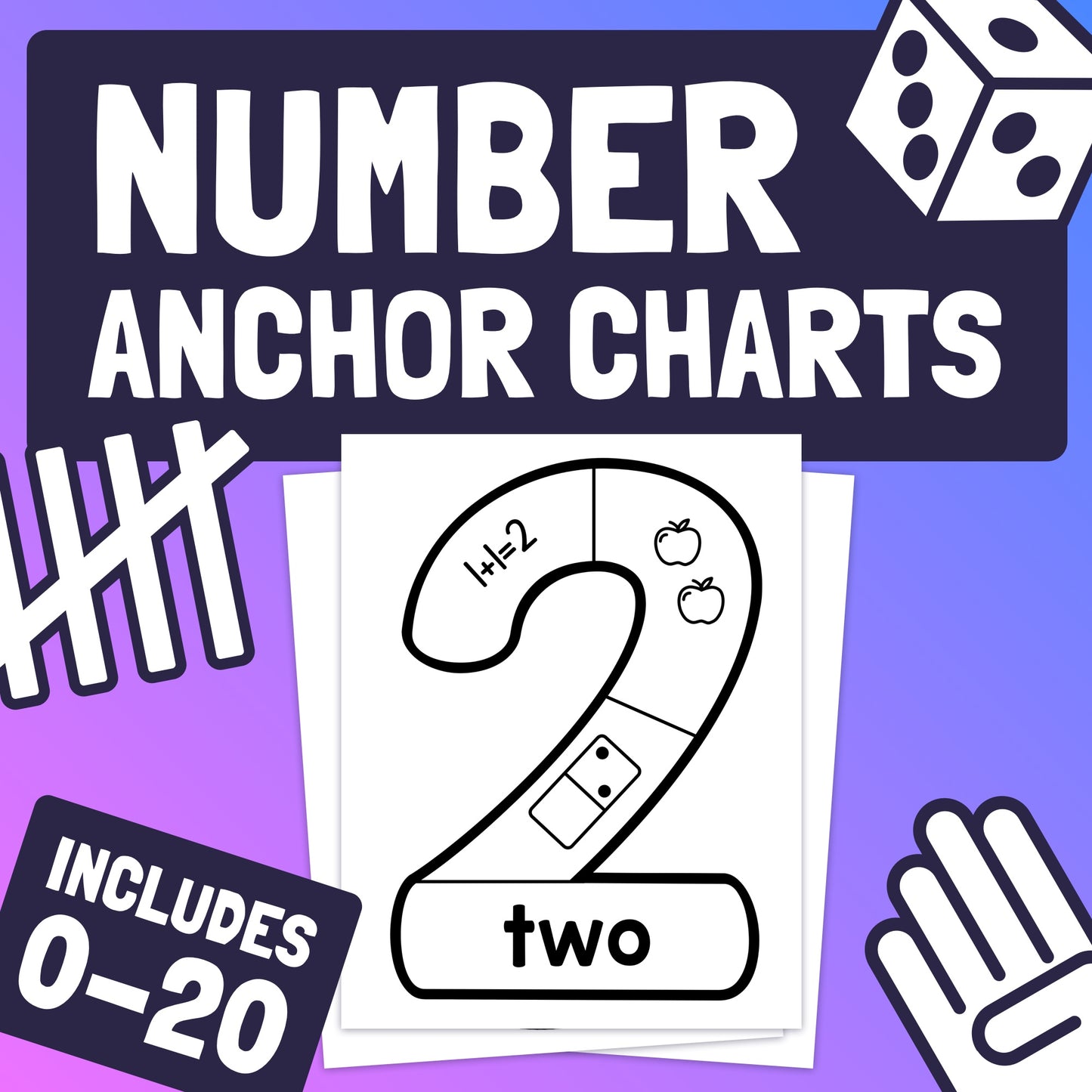 Numbers 0-20 Anchor Charts with images for the number 2.