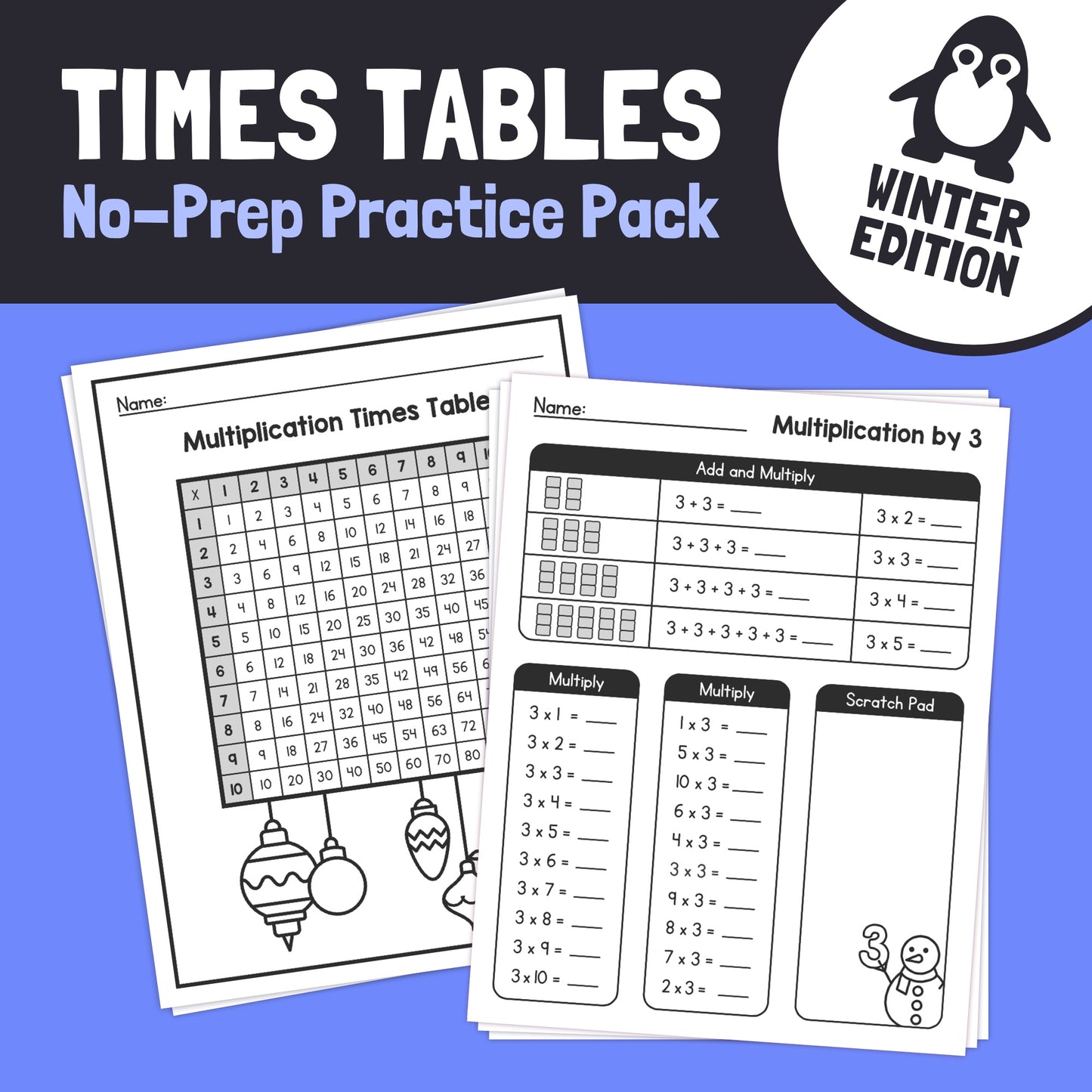Winter-themed worksheets with times tables, ornaments, and a penguin illustration.