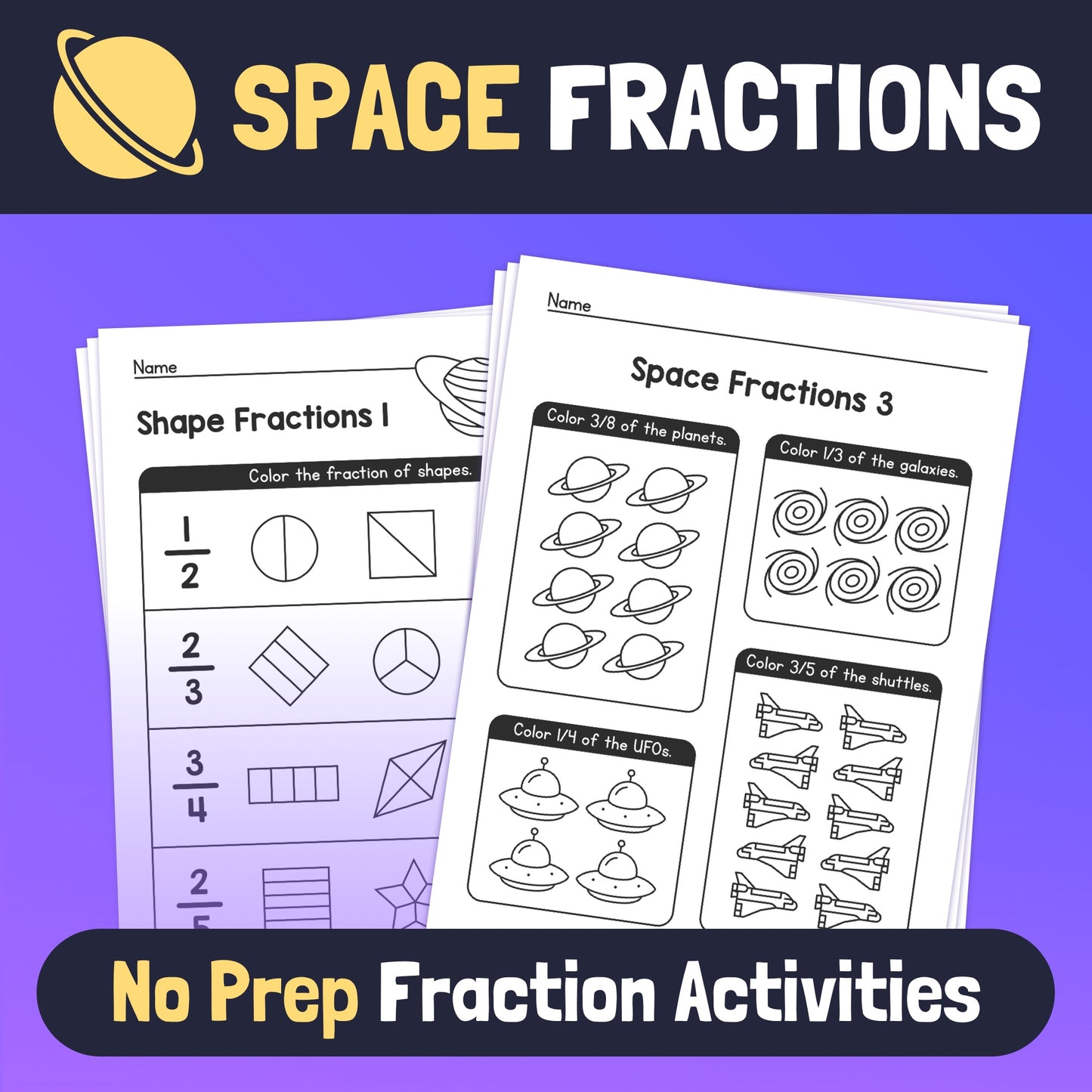Space-themed fraction worksheets for children requiring no preparation.