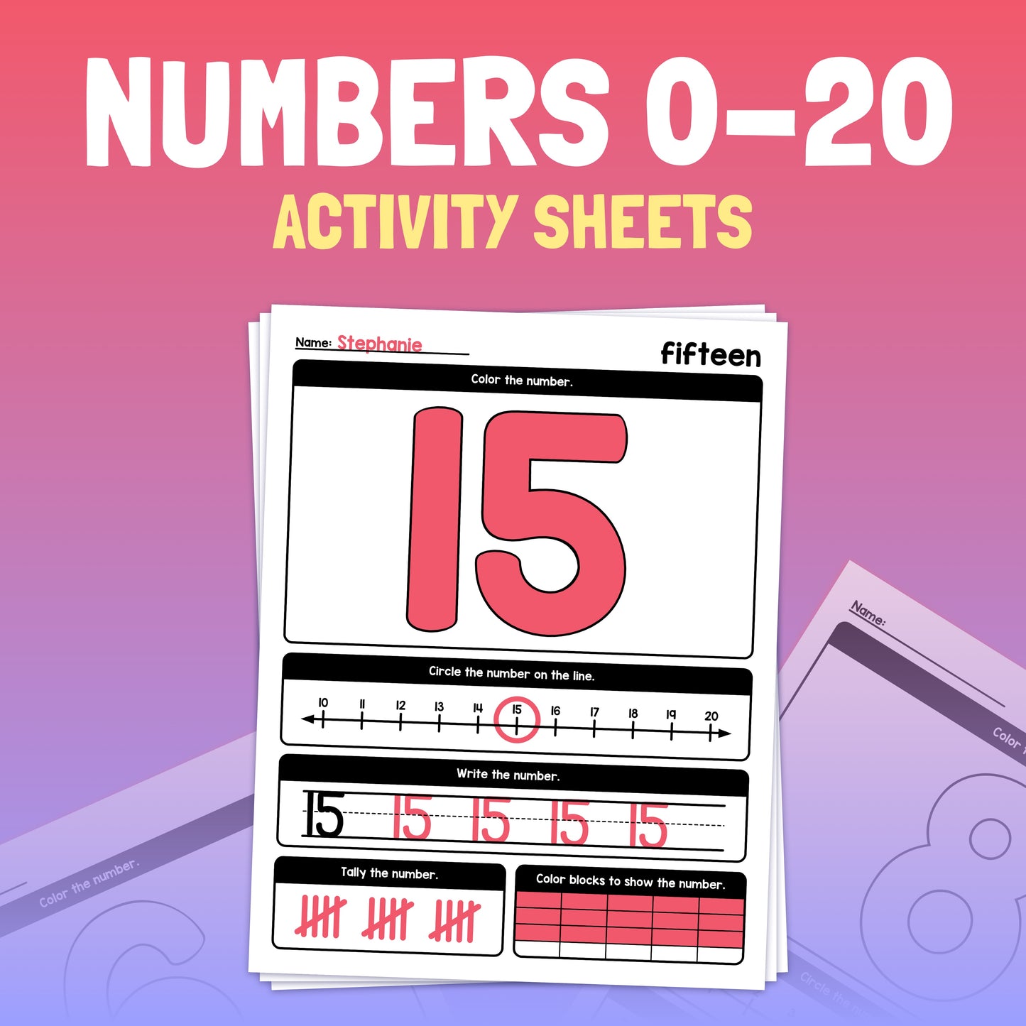 Numbers 0-20 worksheets focused on the number 15.