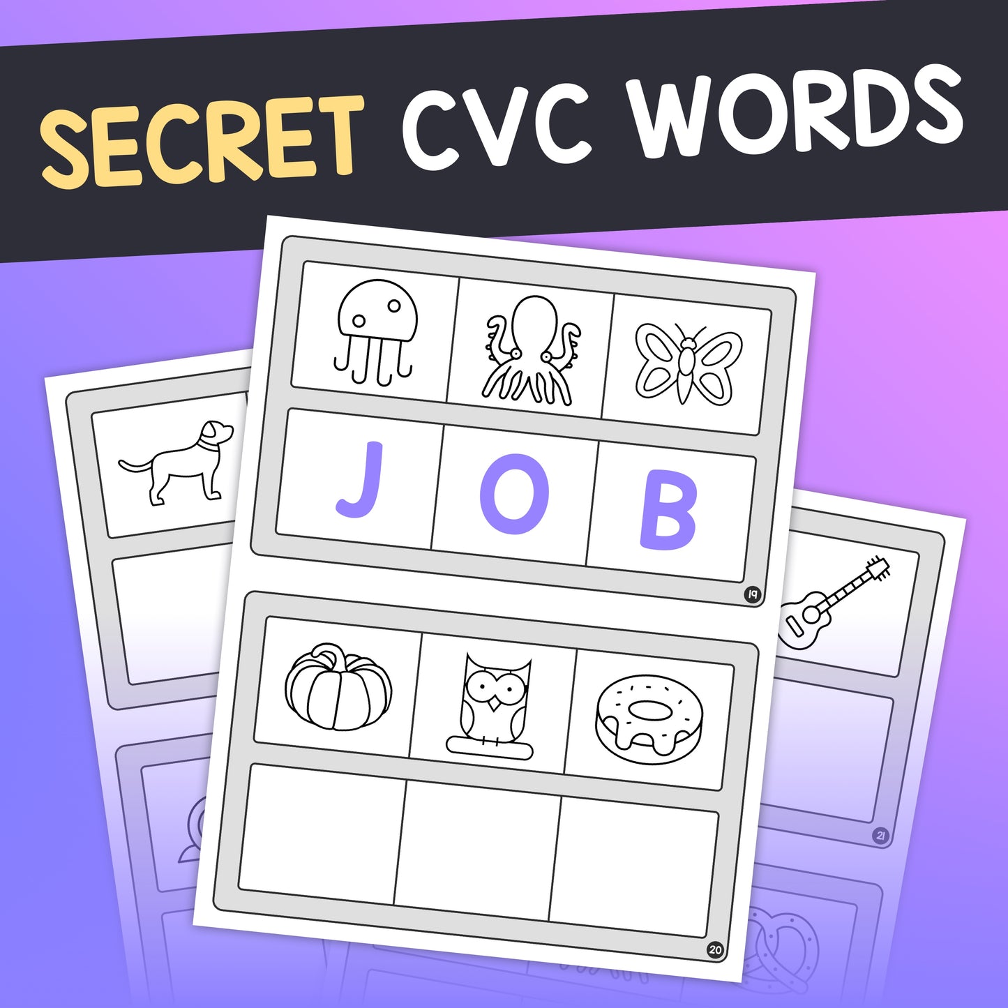 Puzzle worksheets with images of animals and objects focusing on CVC words activity.