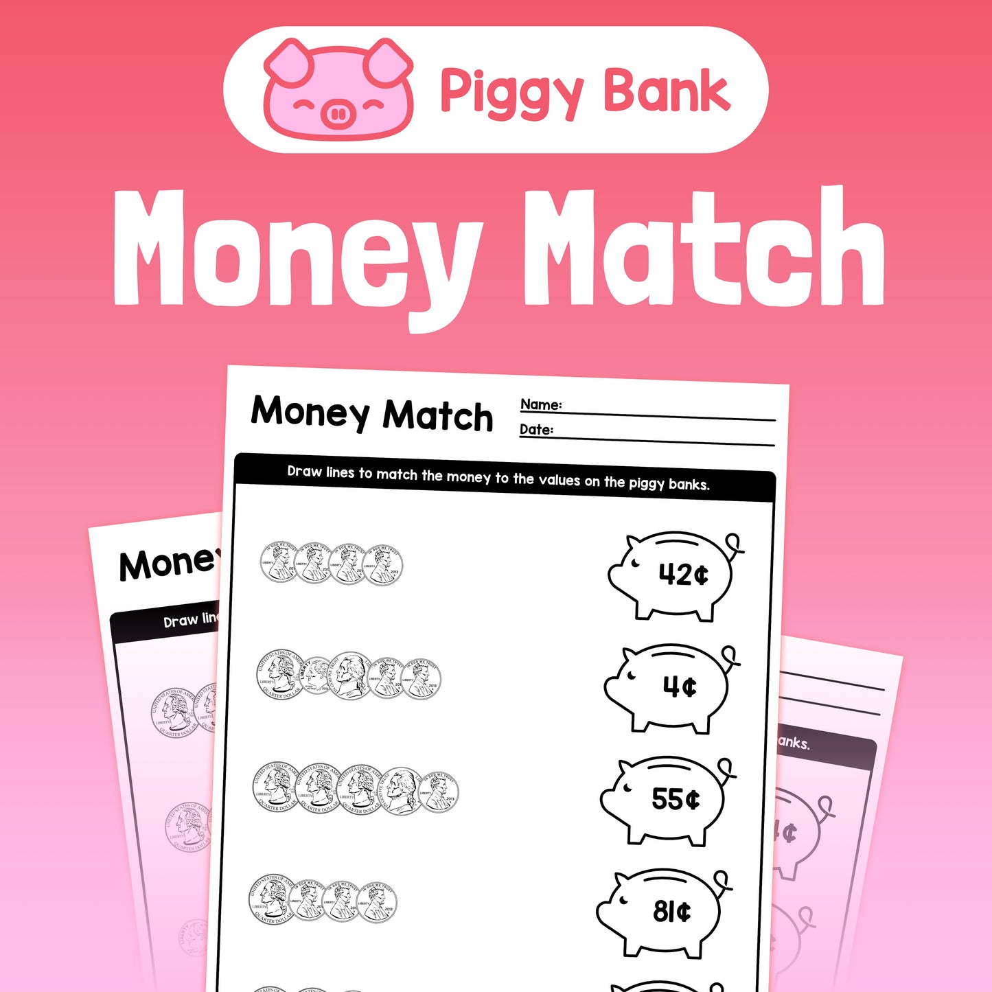 Three worksheets with coin and piggy bank illustrations.
