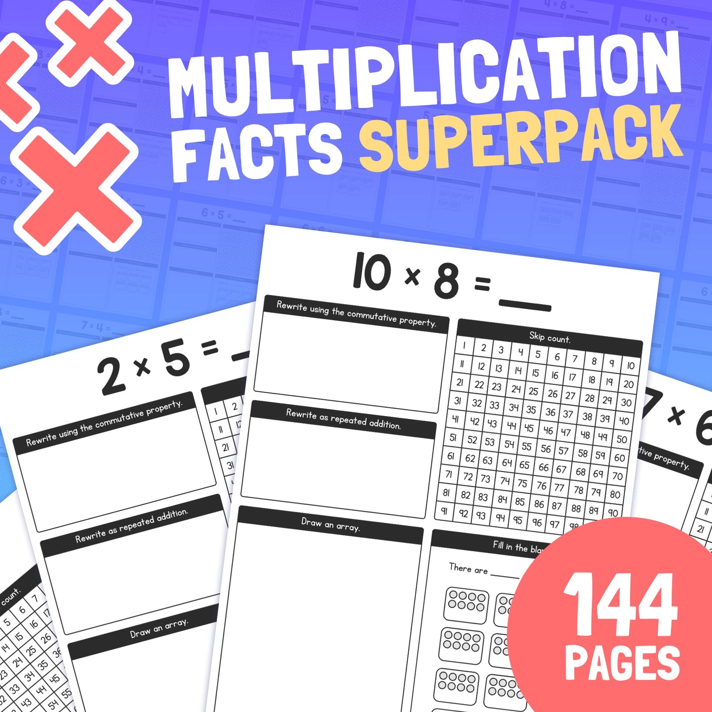 Learning worksheets titled "Multiplication Facts Worksheets" with 144 pages.