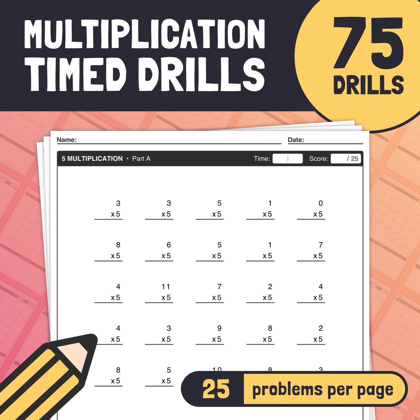 Cover image with "Multiplication Drills" title and 75 drills, 25 problems per page.