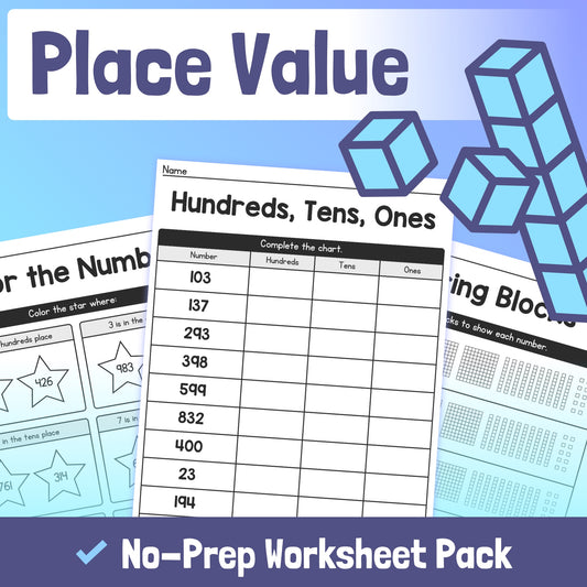Place value worksheets with examples and activities for teaching place value.