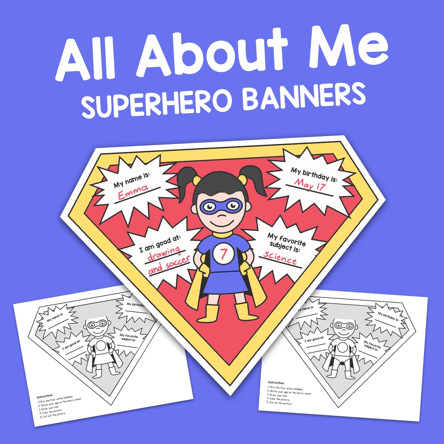 Superhero banners with customizable sections and two black-and-white templates.