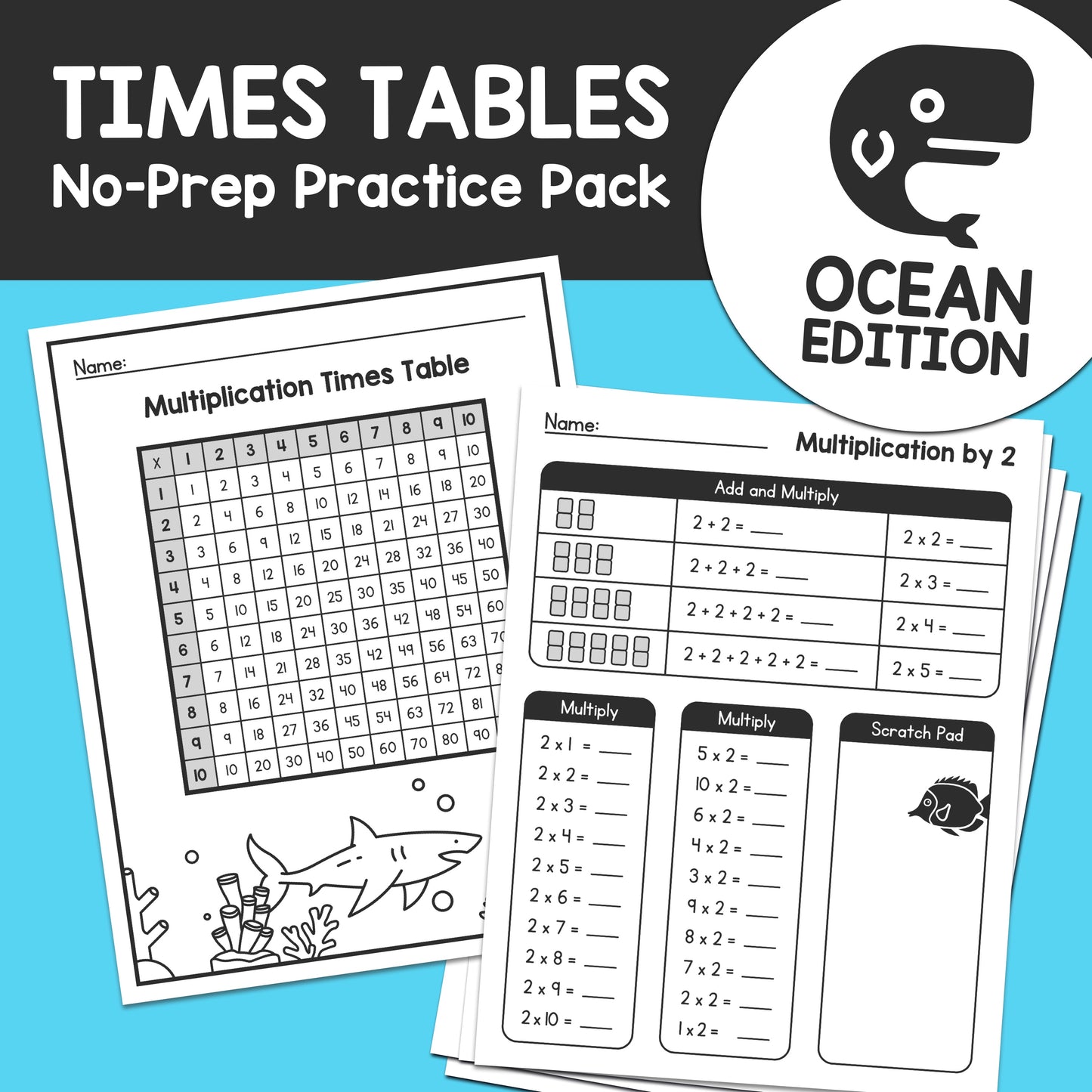 Ocean-themed times tables worksheets with black and white illustrations.