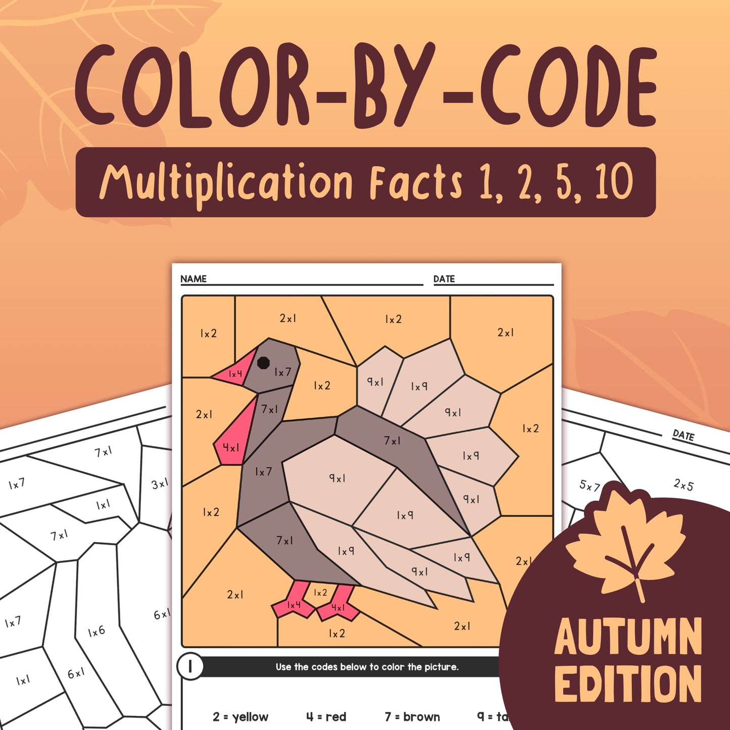 Autumn multiplication coloring sheets for 2nd grade