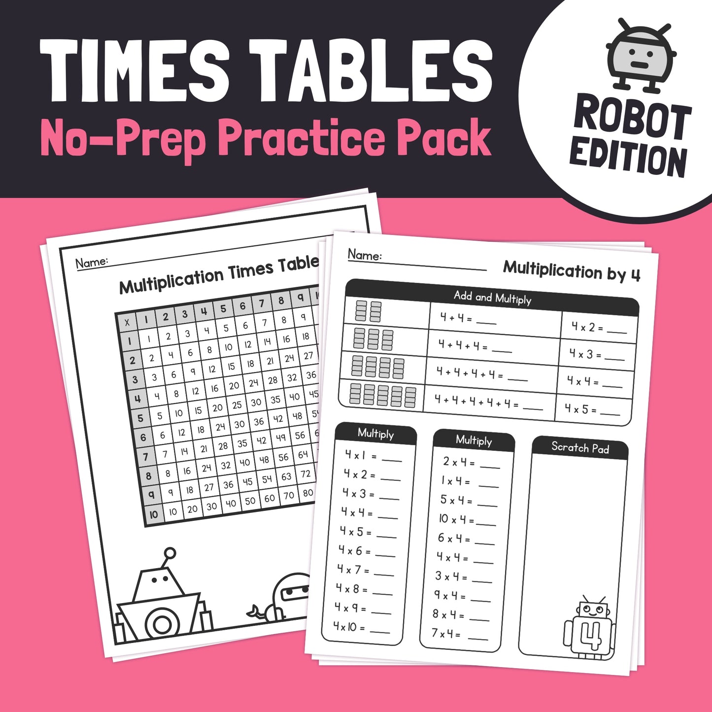 Robot-themed worksheets with multiplication practice and a times tables chart.